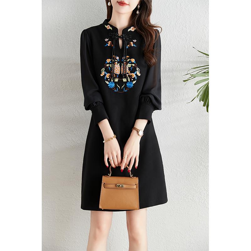 ROUMIKL新中式国风绣花洋装女2025春季新款宽松显瘦气质优雅改良