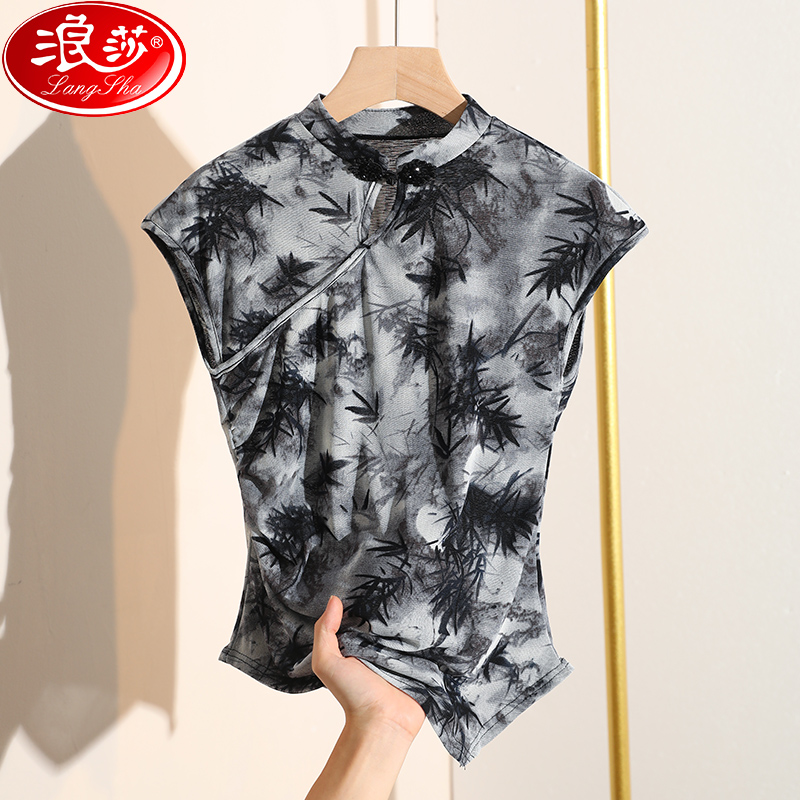 浪莎新中式立领网纱T恤女短袖