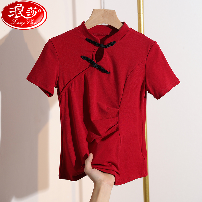 浪莎盘扣纯棉立领T恤女短