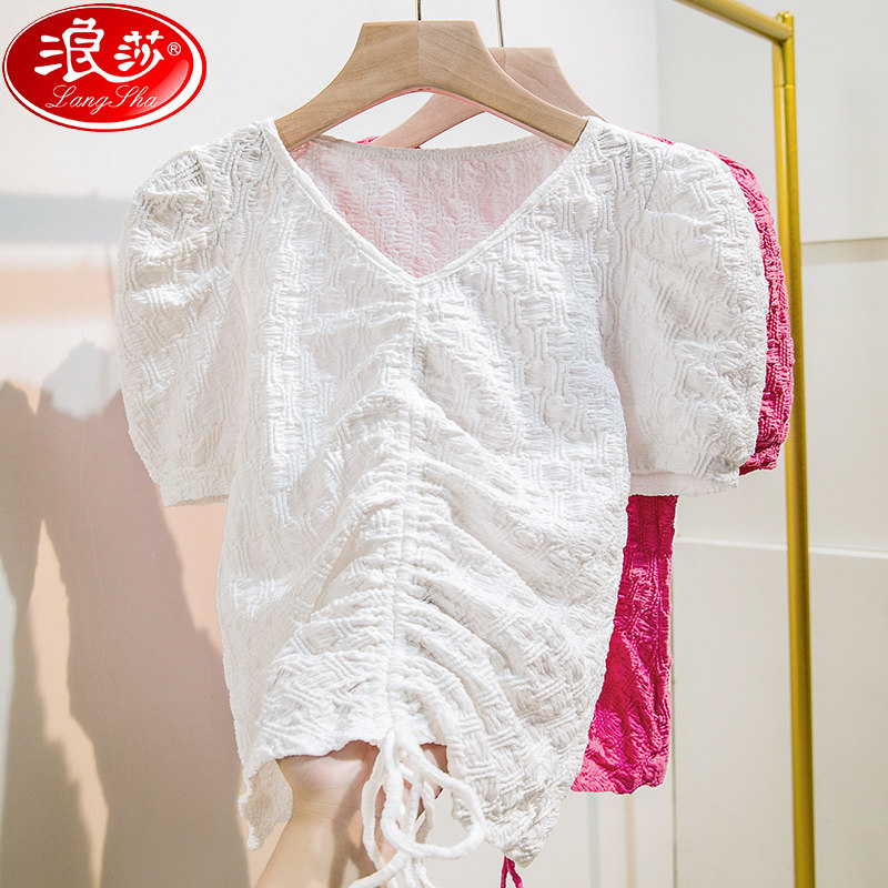 浪莎正品法式雪纺泡泡袖上衣女短袖宽松洋气2025夏季新款系带小衫,女装/女士精品,蕾丝衫/雪纺衫,淘宝优惠券,粉丝福利购,淘宝优惠卷