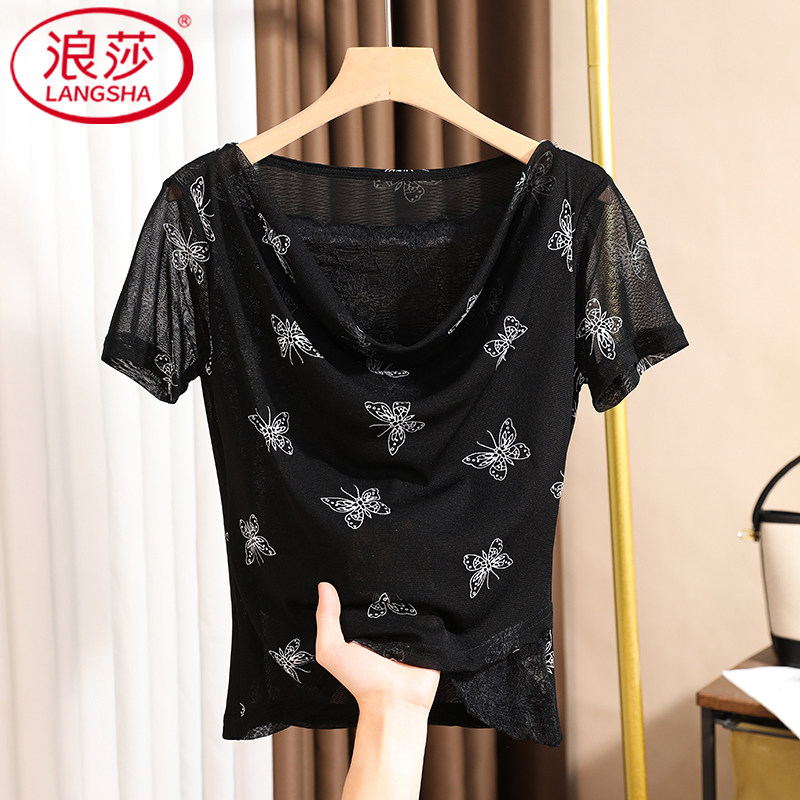 浪莎蝴蝶印花网纱假两件上衣女短袖2025夏季新款胸前褶皱蕾丝小衫,女装/女士精品,蕾丝衫/雪纺衫,淘宝优惠券,粉丝福利购,淘宝优惠卷