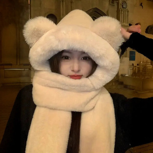 可爱小熊帽子围巾手套一体冬季连帽围脖防寒保暖加厚毛绒骑车防风