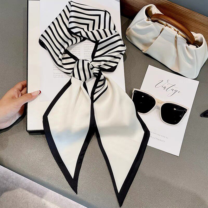 几何斜纹搭配黑色复古腰果丝巾长条飘带女春夏季装饰丝巾搭配衣服