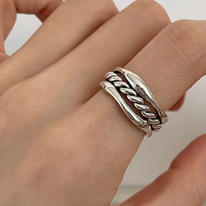 S925重工做旧三层麻花戒指