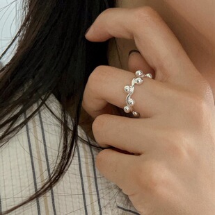 几何波浪圆珠戒指女百搭时尚设计感S925银开口指环创意个性食指戒
