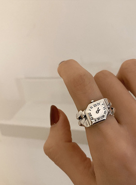 韩版S925银时尚气质手表戒指女复古重工罗马数字开口指环食指戒潮