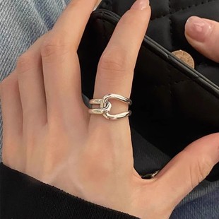 几何线条交叉戒指女冷淡风简约时尚S925镀银开口指环ins风食指戒