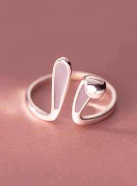 日韩ins风精致粉色兔耳朵戒指