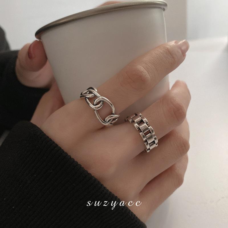 925银不掉色做旧手表带简约开口个性时尚ins冷淡风复古镂空戒指女