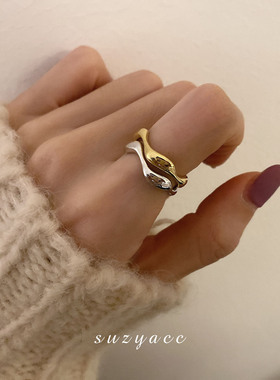 925银不掉色网红金属双色ins冷淡风食指开口波浪简约设计感戒指女