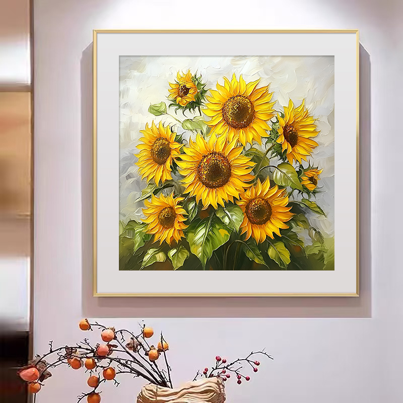 北欧向日葵客厅装饰画正方形肌理感餐厅挂画植物花卉艺术玄关油画图片