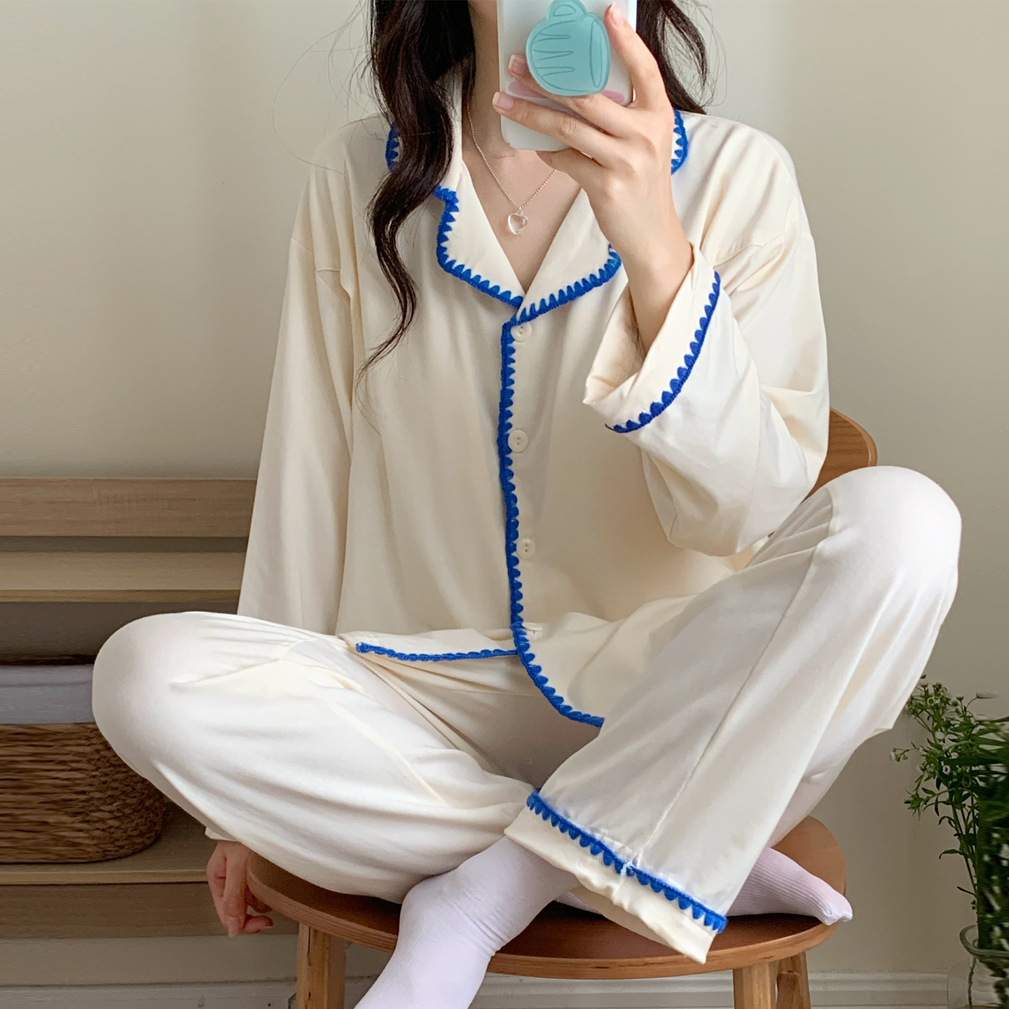 莫代尔月子服带胸垫孕妇睡衣夏薄款夏季哺乳衣长袖长裤家居服套装