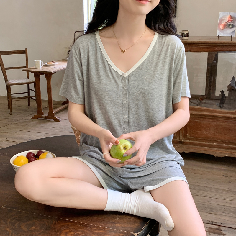 孕期短袖短裤莫代尔月子服夏季哺乳衣孕妇睡衣自带胸垫家居服套装