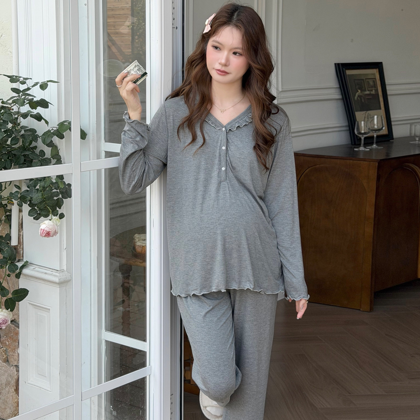 夏天带胸垫月子服夏薄款5月份4孕妇睡衣产后喂奶哺乳衣外出春装夏