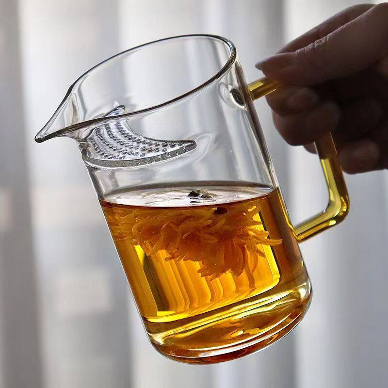 高硼硅玻璃杯月牙公道杯一体过滤茶漏分茶器大容量泡茶带嘴茶具