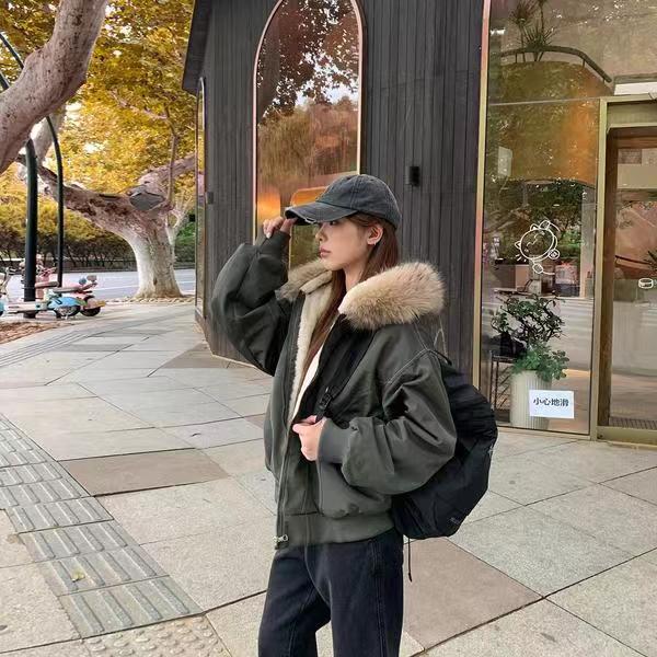 美式复古女座山雕毛领外套派克服