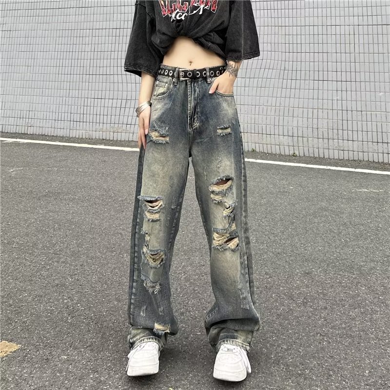 破洞牛仔裤拖地长裤春夏设计感潮