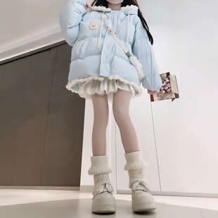 甜美奶油蓝可爱兔子毛球花边连帽棉服外套女冬季新款宽松保暖棉衣