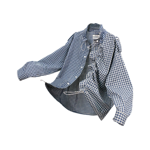 不对称格纹多功能穿法花苞气球长袖 衬衣 梦涟 RELABEL