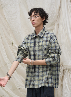 RELABEL 立体构成（错觉）水洗流苏双门襟珠面扣双头拉链格纹衬衣