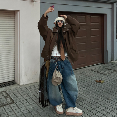 可拆毛领双色蝙蝠袖布面抽绳夹克