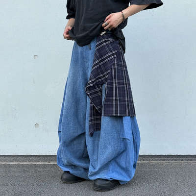 冰蓝色可拆卸格纹屁帘廓形牛仔裤