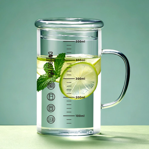 高硼硅带刻度玻璃杯水杯家用杯子1000ml大容量耐高温带盖泡茶杯