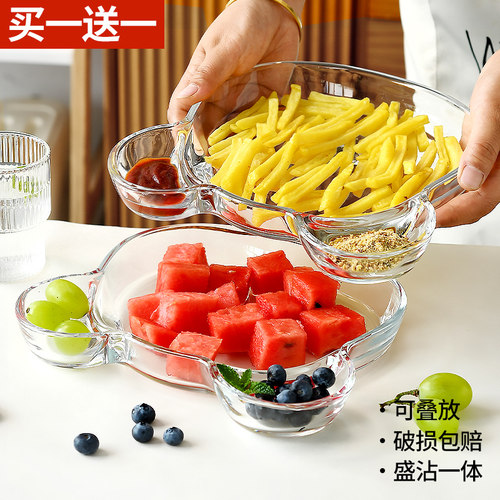 小熊玻璃盘饺子盘子带醋碟家用海鲜蘸料一体盘分格果盘减脂分餐盘