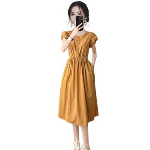 RIERA黄色温柔风泡泡袖 复古浪漫气质收腰衬 连衣裙女2025夏季 新款