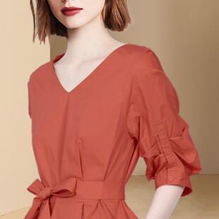 ROUMIKL专柜商场撤回国际大牌余单女装修身五分袖收腰显瘦连衣裙