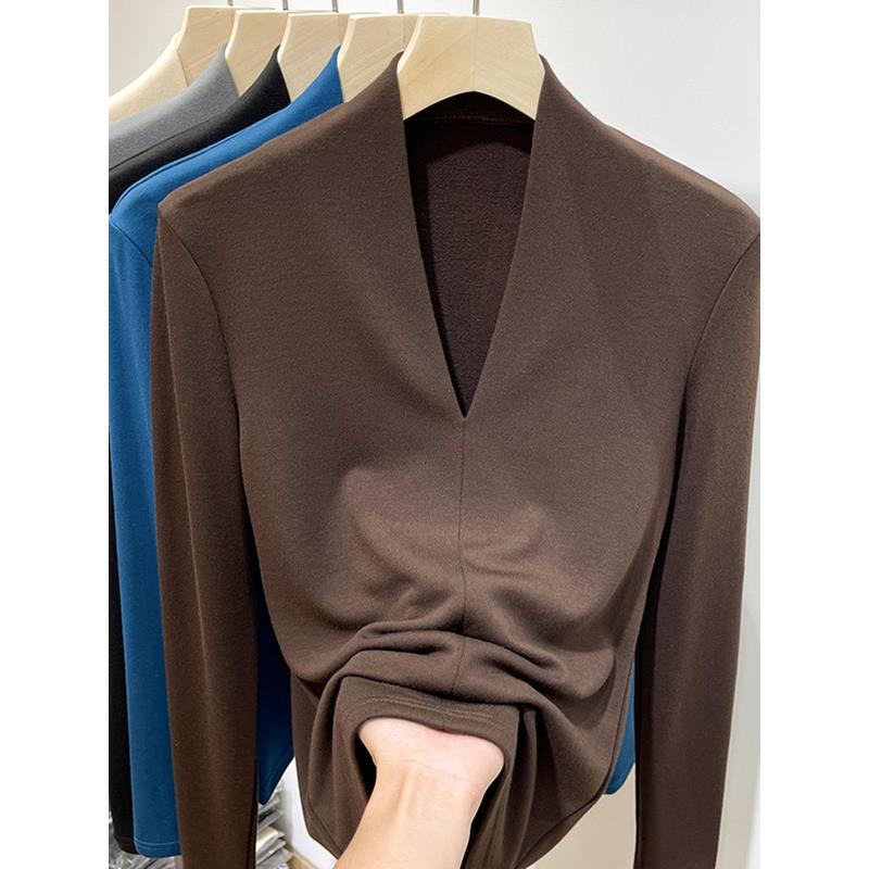 ROUMIKL气质女装2025年新款秋季时尚法式高级感内搭修身V领长袖打