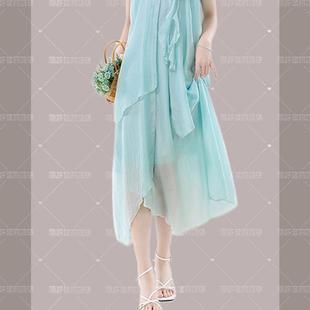 小众挂脖吊带连衣裙女夏季 RIERA法式 宽松荷叶边背心裙甜美度假风