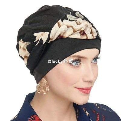 欧美时尚街拍头巾帽印花扭扭发带装饰套头帽民族包头帽turban hat