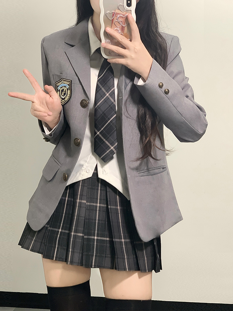 原创烟灰jk制服格裙西服套装秋冬款正版学院风校供灰色西装外套女