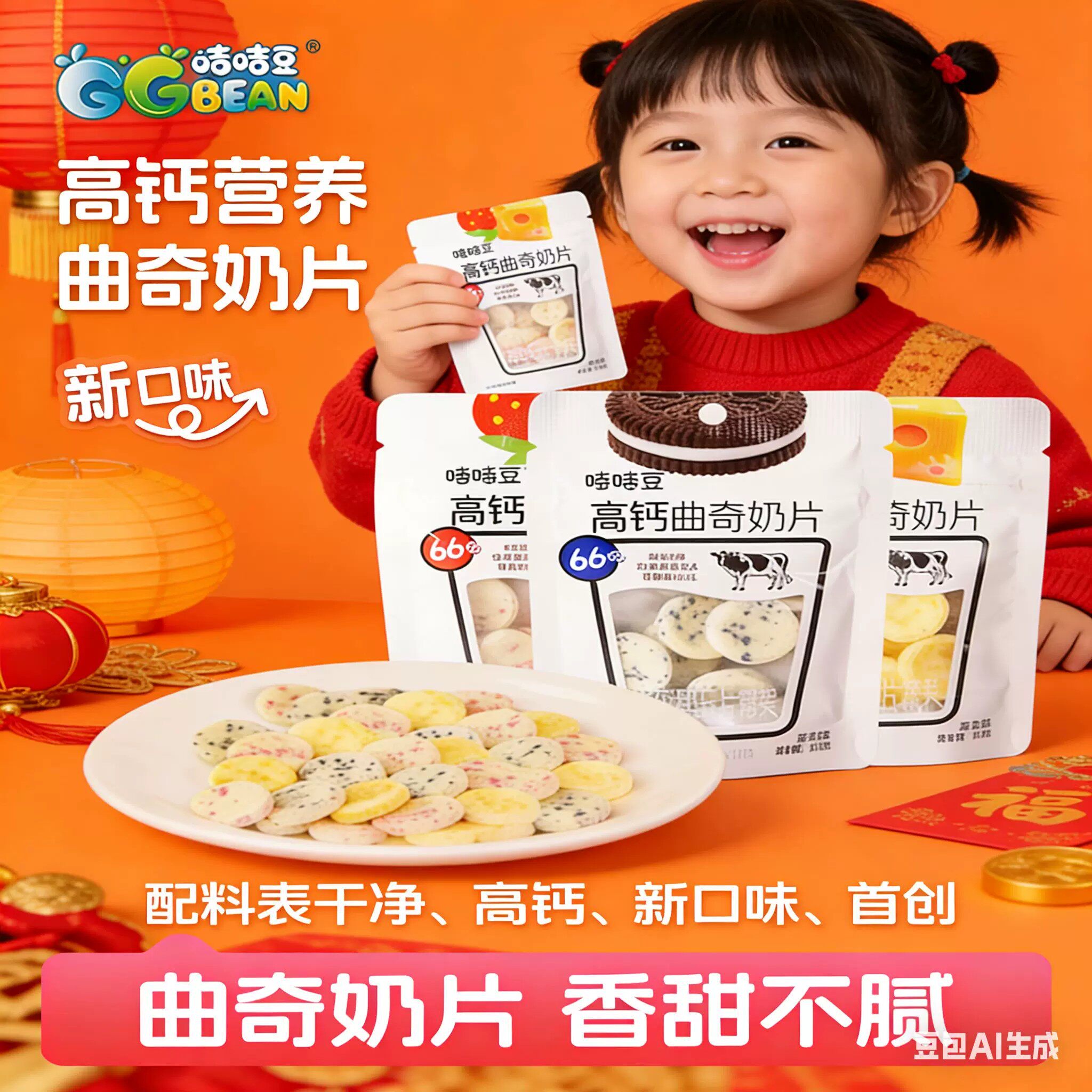 咭咭豆高钙曲奇奶片草莓芝士黑巧味牛奶糖花式奶贝儿童休闲零食