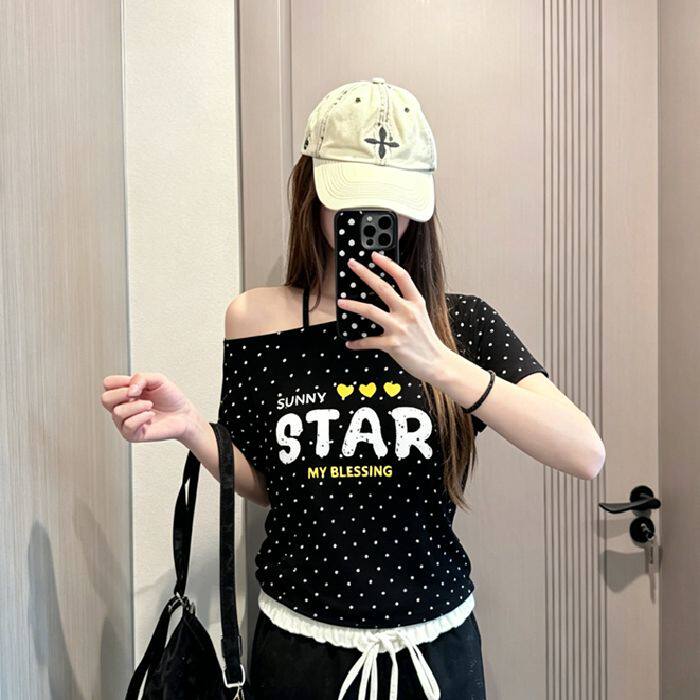 美式波点字母花印辣妹风短袖T恤女夏季修身设计感显瘦甜辣妹上衣