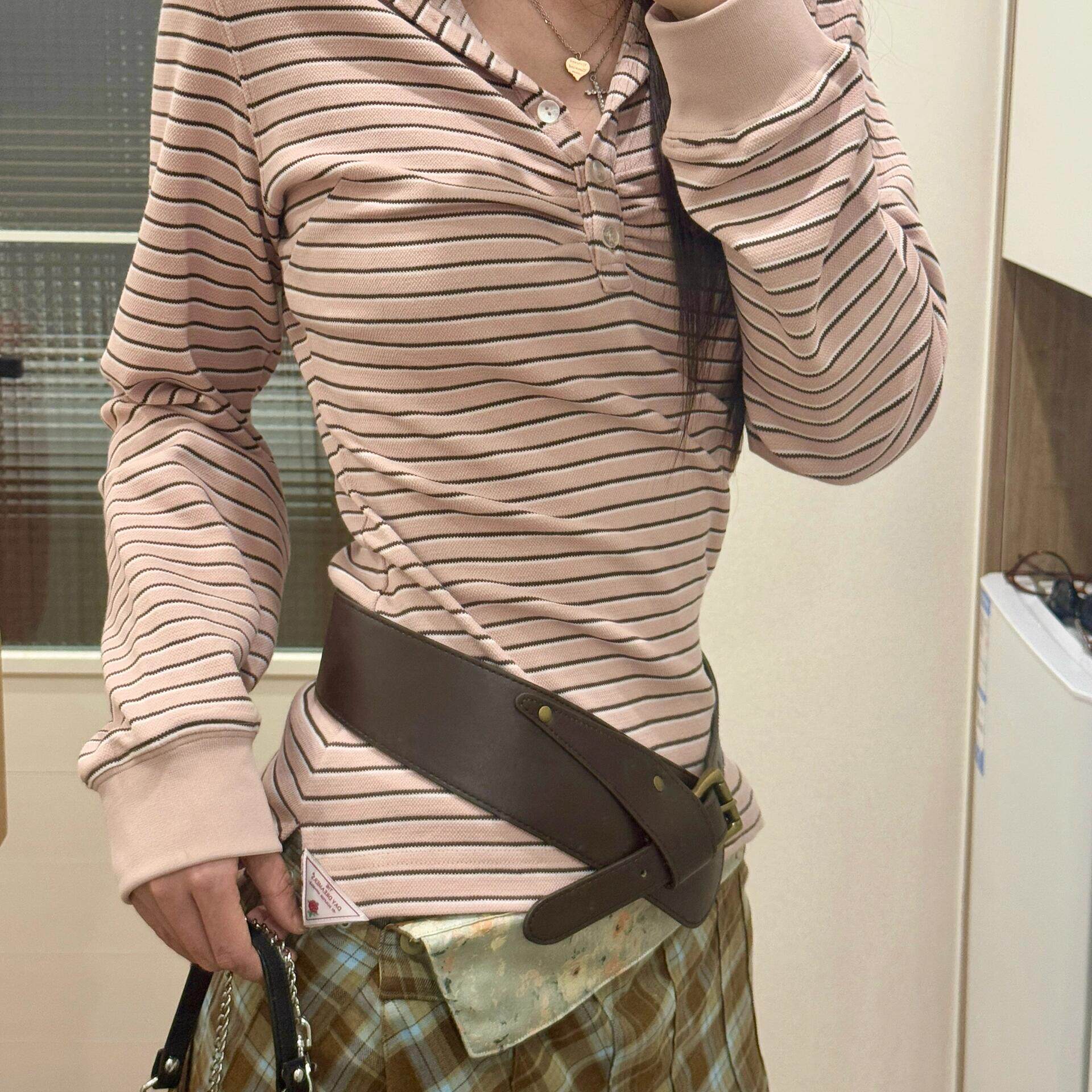 甜美经典条纹设计感T恤女秋冬