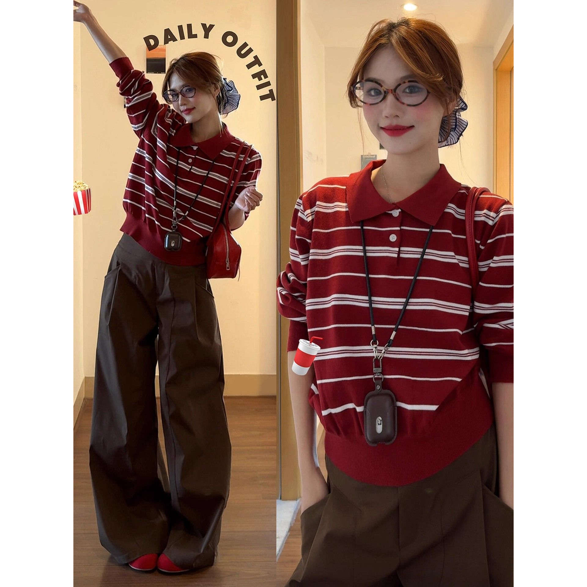 韩系穿搭红色条纹针织polo衫女