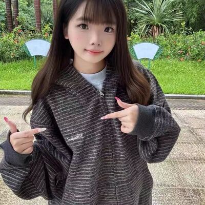 港风宽松条纹开衫拉链连帽卫衣女