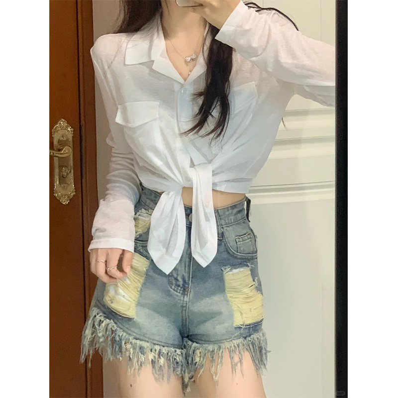 白色修身绑带长袖衬衫女夏季薄款小众设计感修身显瘦短款辣妹衬衣