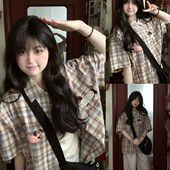 女2025夏季 趣味小狗刺绣格子短袖 衬衫 宽松oversize休闲百搭衬衣潮