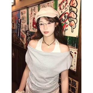 短袖 韩系撞色条纹荡领挂脖假两件上衣女夏季 时尚 新款 T恤 百搭修身