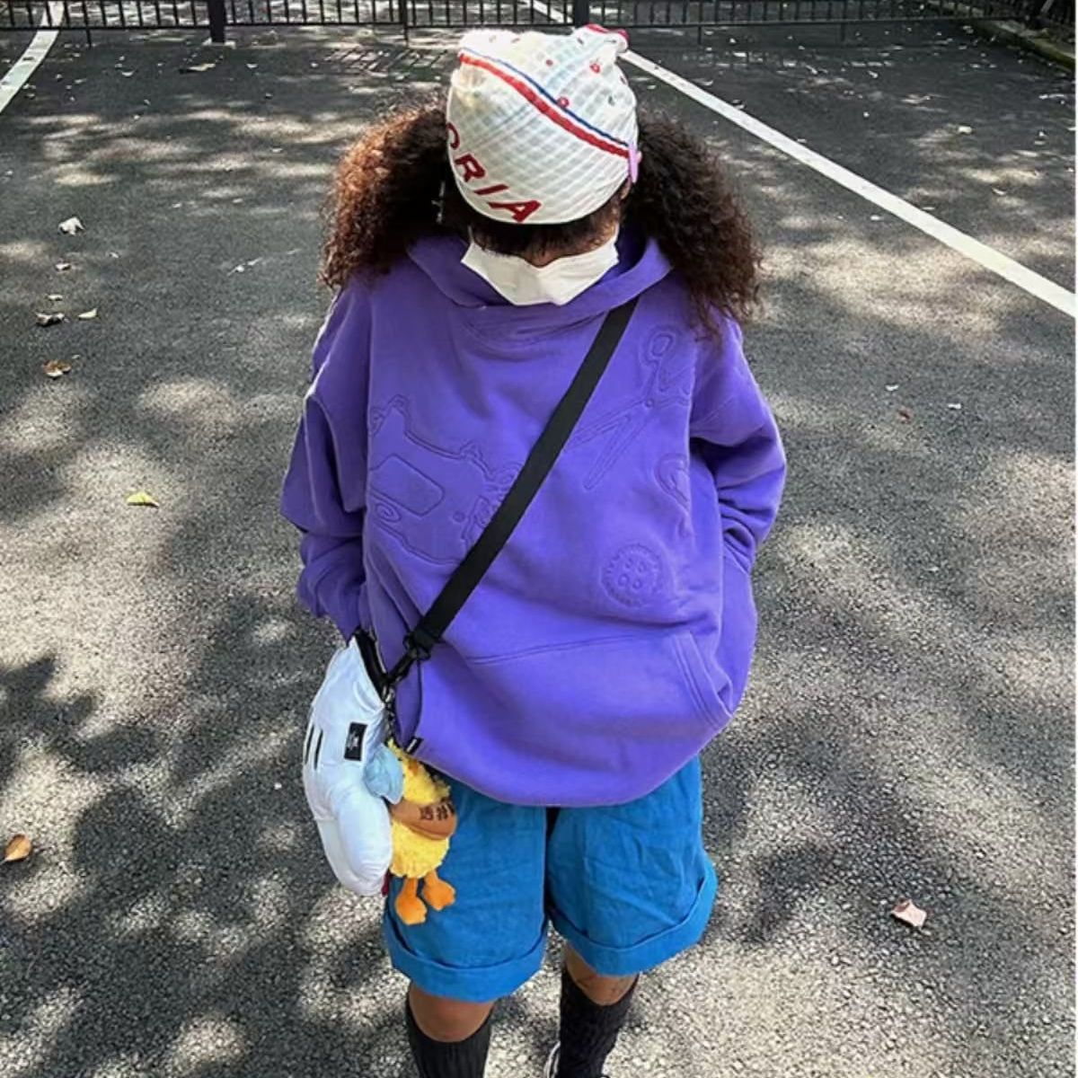 美式高街紫色立体刺绣连帽卫衣女