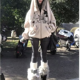 毛领兔耳朵卫衣外套女亚文化设计感小众开衫秋冬季宽松连帽棉上衣