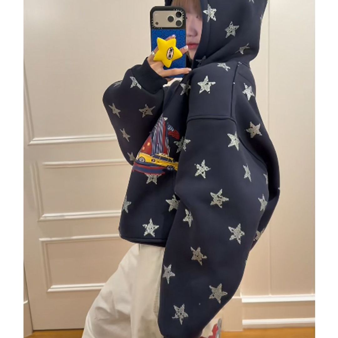 美式高街星星字母印花连帽卫衣女