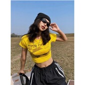 复古正肩短袖 t恤女夏季 修身 美式 设计感小众甜辣妹短款 机车服上衣