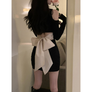 纯欲风辣妹蝴蝶结长袖 性感黑色镂空紧身显瘦包臀短裙 连衣裙女秋季