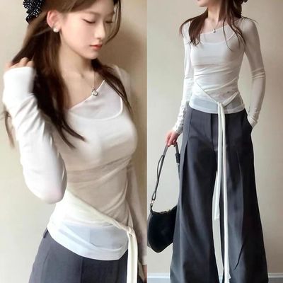 设计感绑带不规则长袖T恤女早秋