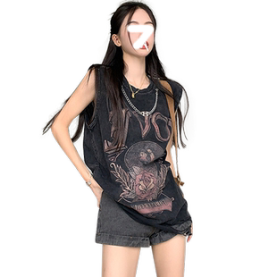 美式复古做旧水洗破洞背心T恤女夏季小众设计感甜酷辣妹无袖上衣