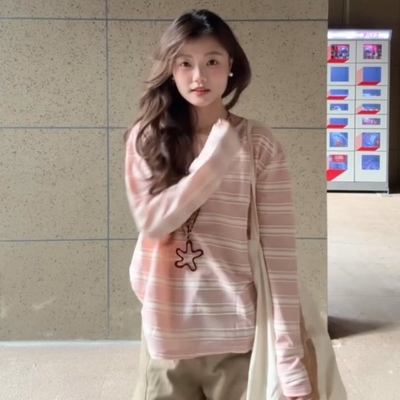 chic韩系粉色条纹长袖t恤女